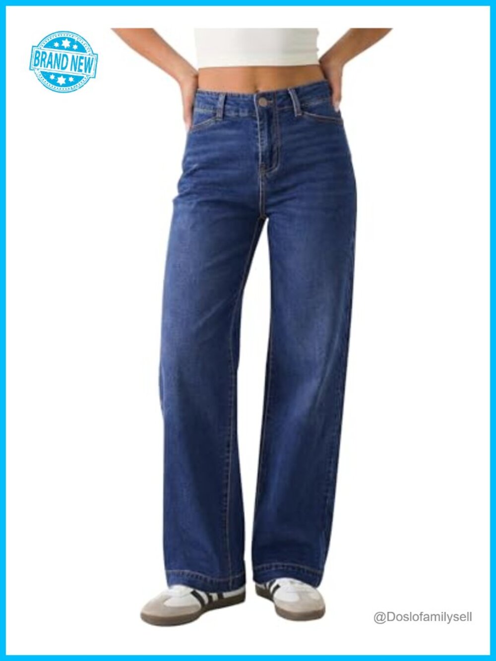 High Waisted Wide Leg Stretchy Denim Trouser Jeans Slash Pockets
